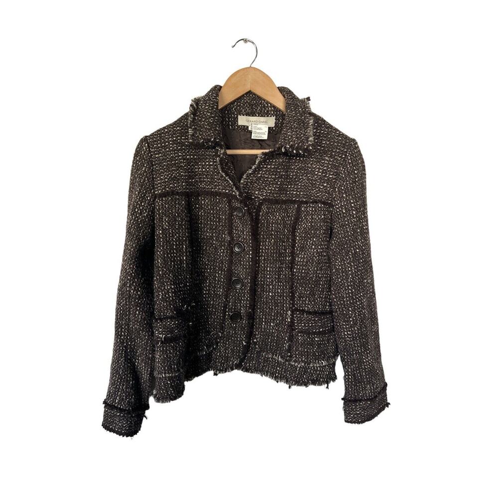 Gerard Darel Brown Wool Blend Tweed Fringe Jacket Blazer Size 42
